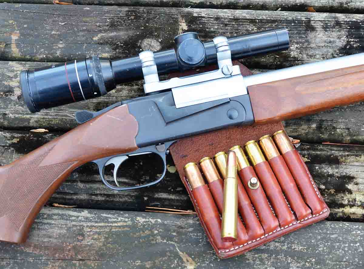 This may be the only .416 Rigby built by SSK Industries on a Thompson/Center TCR 87 action. It has a heavy 26-inch barrel, weighs 9.75 pounds with scope and is quite accurate. The leather cartridge carrier was made by Dick Murray, owner of Murray Leather Co. in Aledo, Texas.